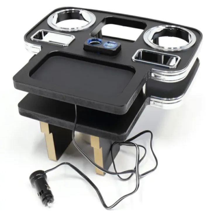 メーカー直送 ハイエース 200系 リア用 デザイン2 USB 付き レザーブラック スリーピース オリジナル 自動車用 センターテーブル ドリンクホルダー付き コースター付属 ThreePiece!エンブレム付属 リア テーブル