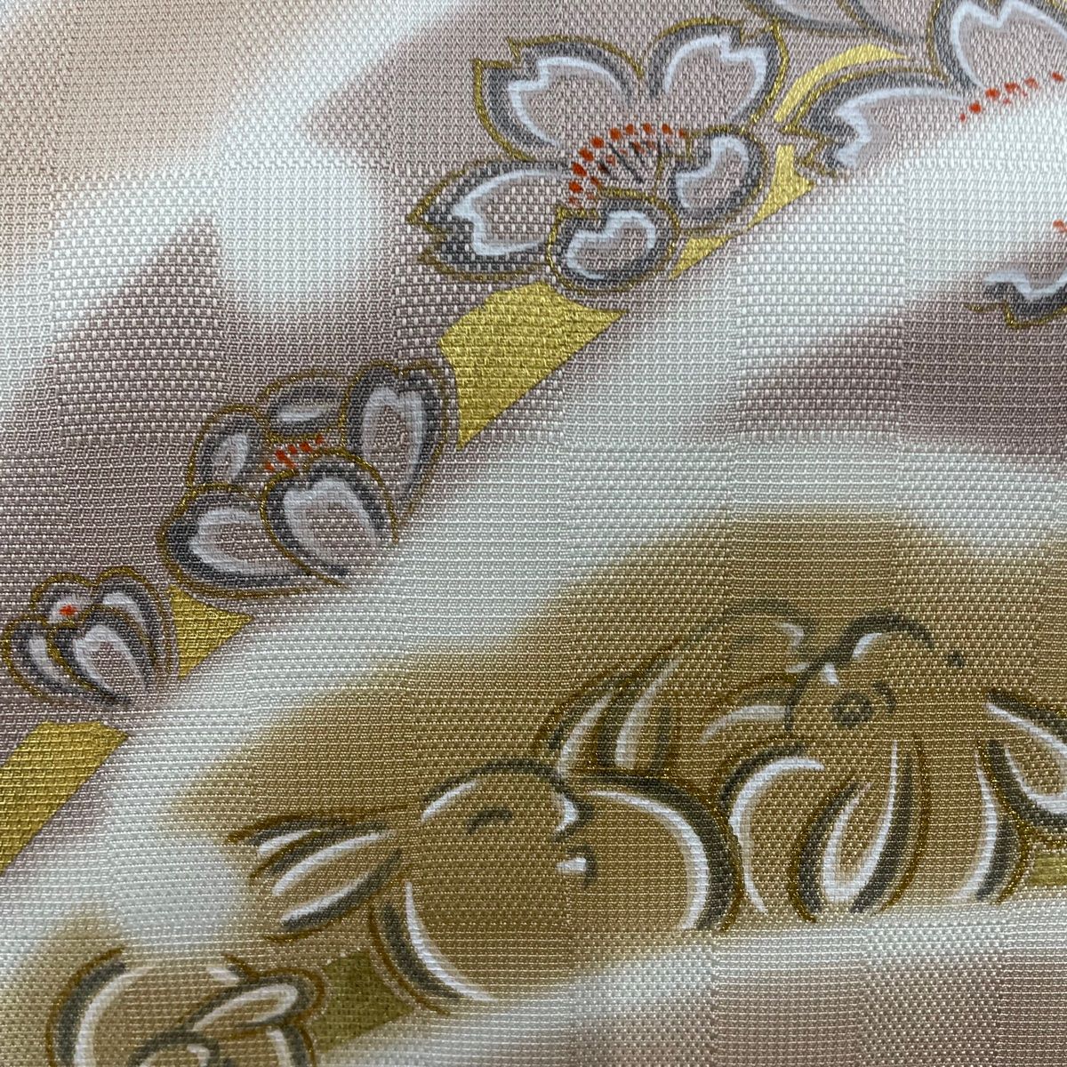 名古屋帯 美品 名品 絵夢工房 桜 うさぎ 金彩 ぼかし 鼠色 正絹