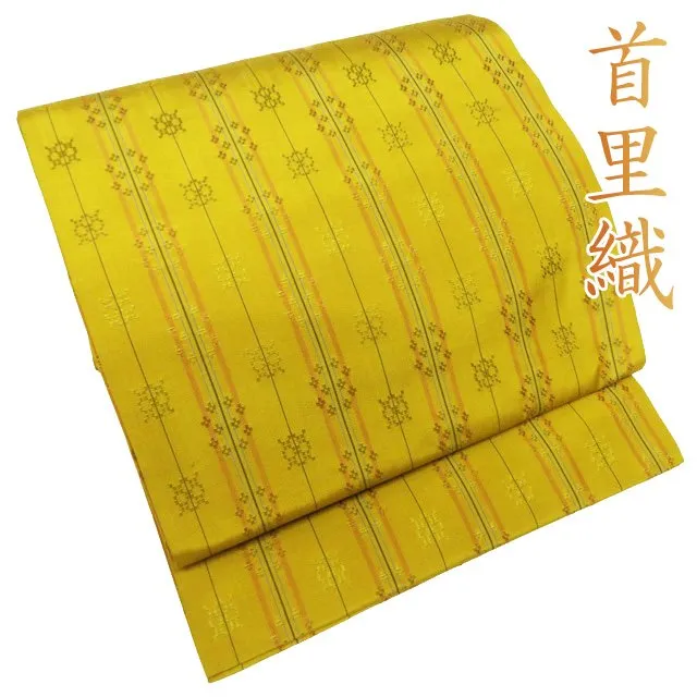 首里花織 名古屋帯 正絹 横段 イ6111 首里花織 名古屋帯 正絹 琉球織物×幾何学文様 柔らかな黄色