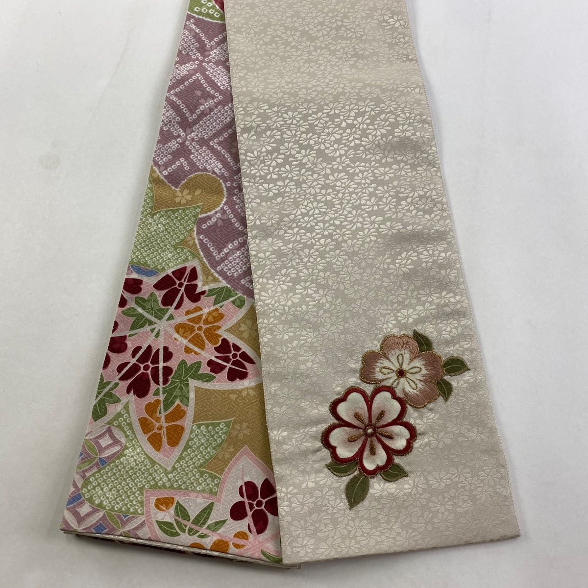 半幅帯 優品 草花 金糸 ベージュ 正絹