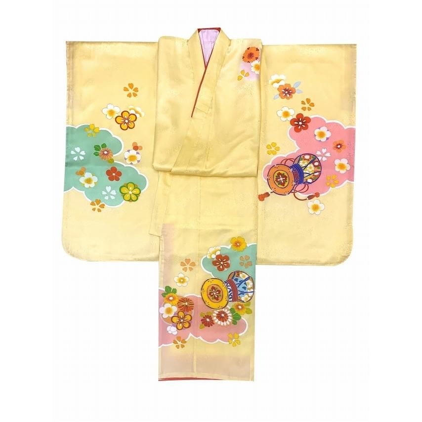 509ag4□七五三 七歳 女児 着物&袋帯 金駒刺繍 地紋 花鼓 雲取り□美品 七五三 着物 7歳 2023年新作 単品 金駒刺繍 幻想的な柄の四つ身の子供