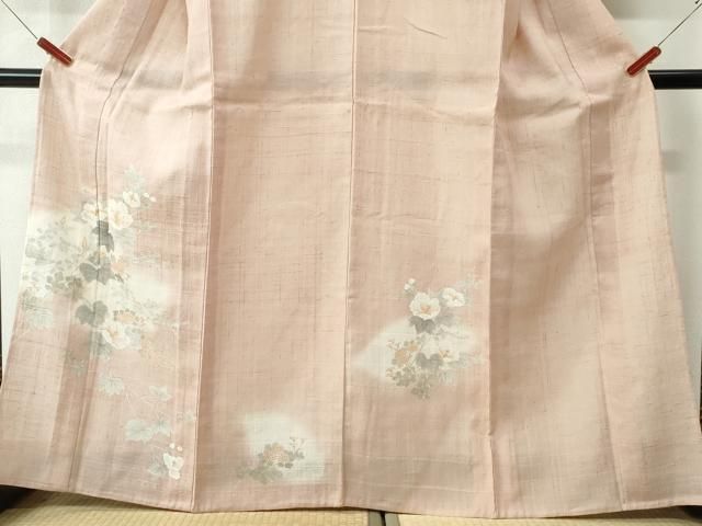 平和屋着物▽訪問着 単衣 生紬 手描き 牡丹菊文 正絹 逸品 未使用  