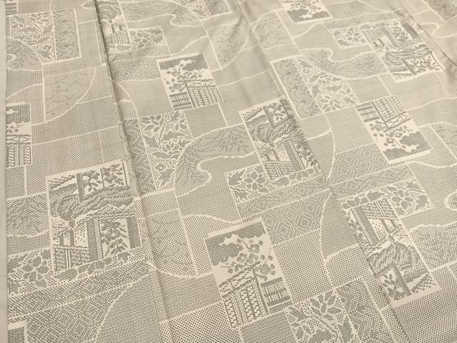 平和屋着物○本場大島紬 白大島 9マルキ 色紙人物花文 正絹 逸品  