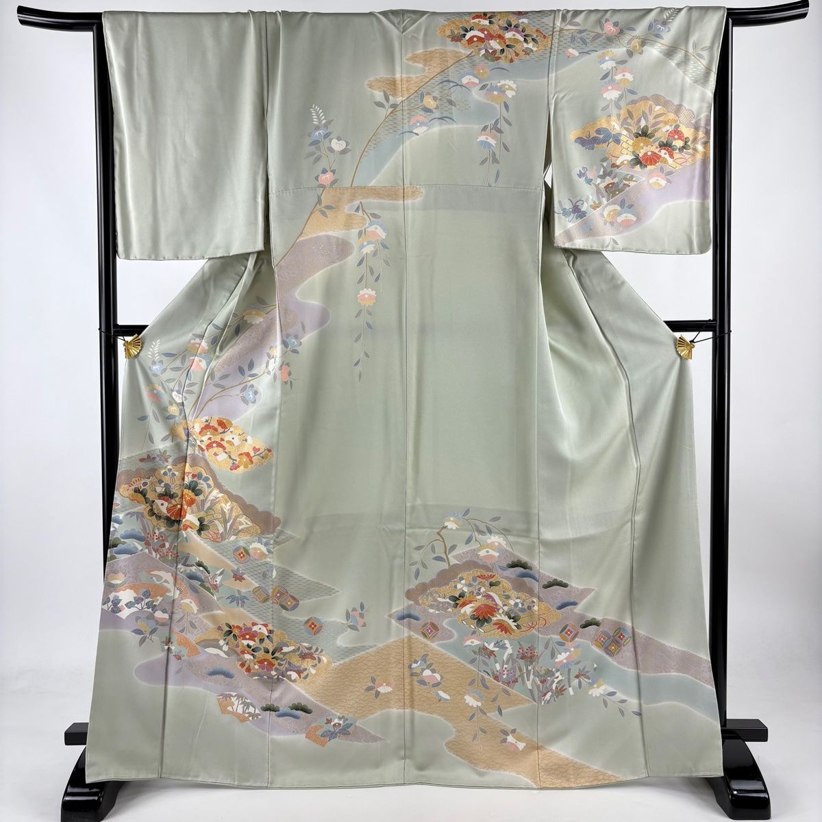 未使用近い　美品　袷　正絹　結城紬　小紋　フルセット　身丈157 裄丈66 小紋 身丈166.5cm 裄丈65.5cm M 袷 紬地 幾何学模様 灰