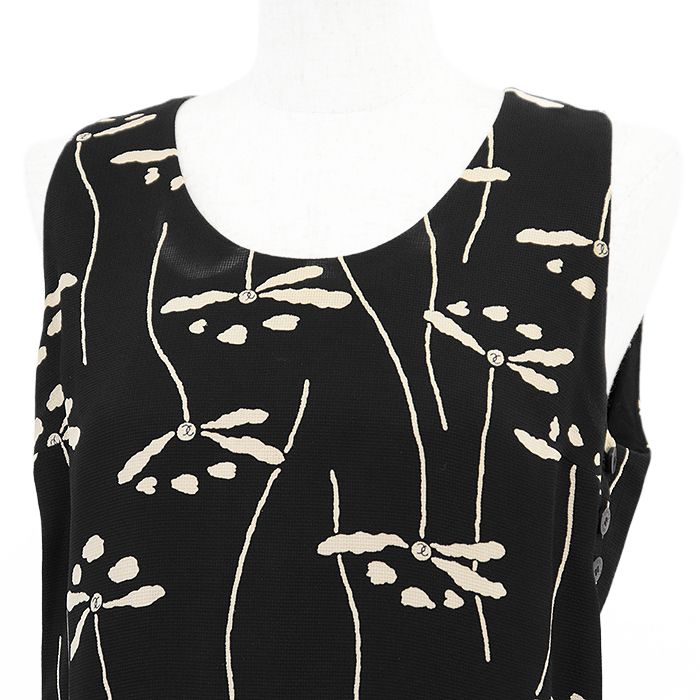 ヴィンテージ CHANEL シャネル ワンピース 98P BOUTIQUE ブティック シグネチャー フラワー 花柄 COCOマーク プリント ロゴ 刻印ボタン バックファスナー ノースリーブ ドレス レディース 36 ブラック アイボリー 黒 総柄 仏製