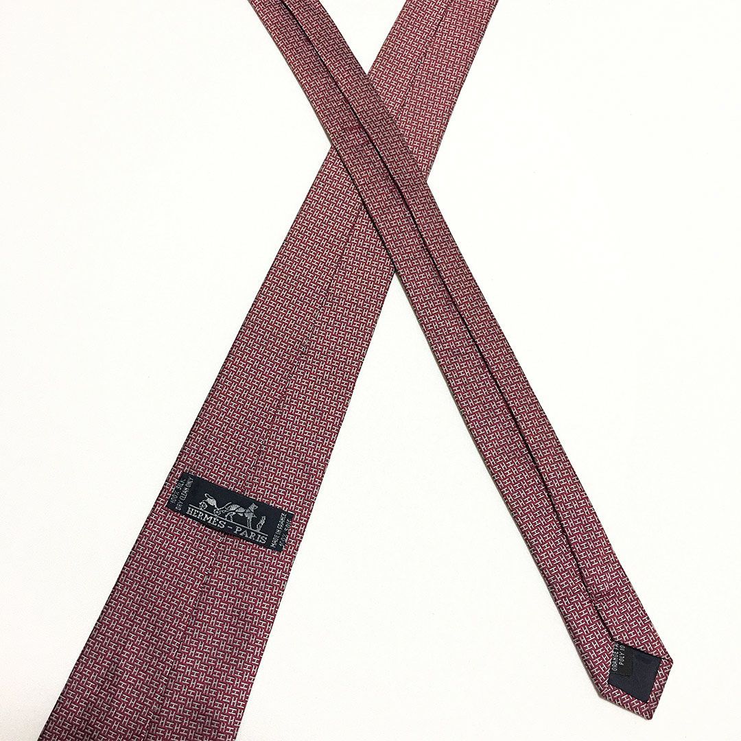 美品 エルメス HERMES ネクタイ シルク100% ワインレッド / グレー H柄