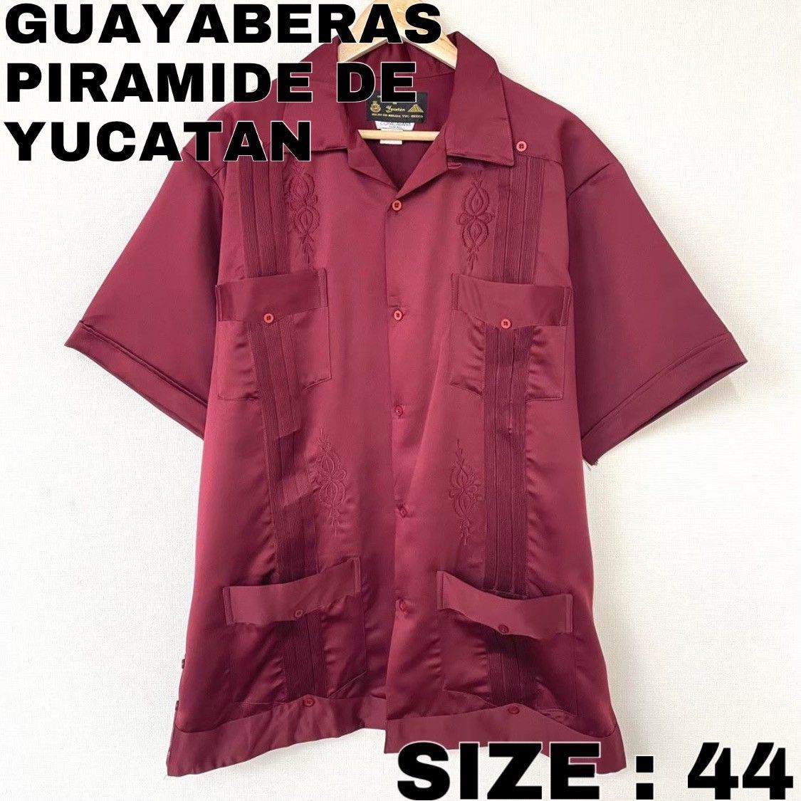 GUAYABERAS PIRAMIDE DE YUCATAN キューバ シャツ 開襟 半袖 刺繍 サイズ：44 エンジ
