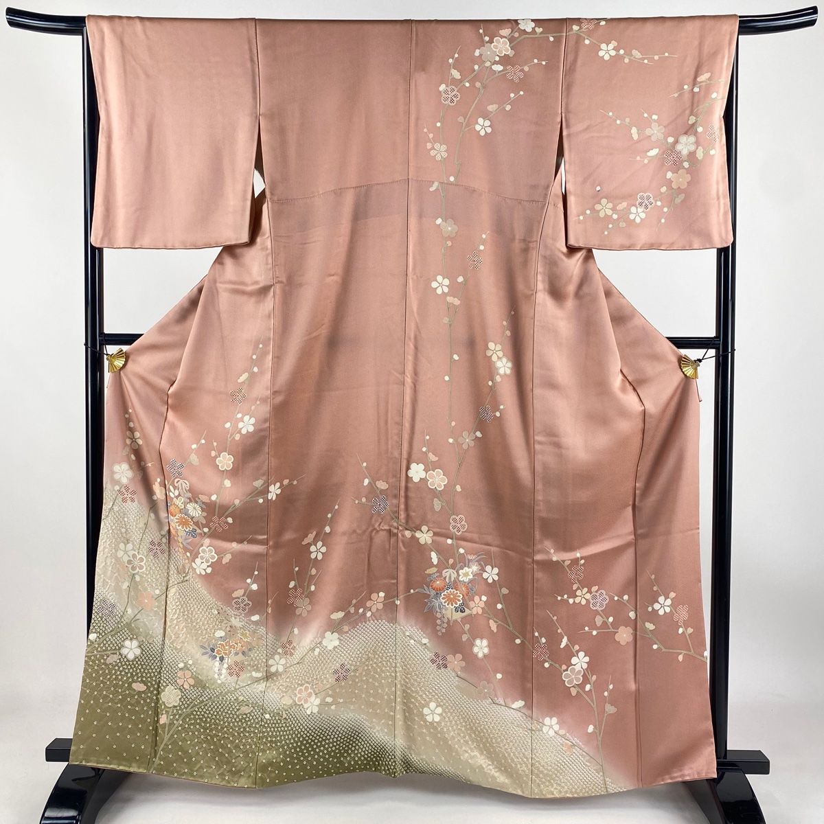 訪問着 身丈162.5cm 裄丈66cm M 袷 枝梅 菊 絞り 金彩 ピンク 正絹 秀品