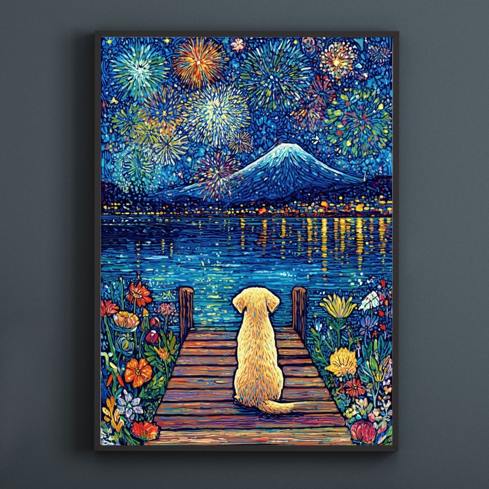 君と見た夏 - ゴールデンレトリバー犬 富士山 花火 幻想的 ファンタジー アート インテリア うちの子記念日 ペットロス アートポスター 犬の絵 犬のイラスト