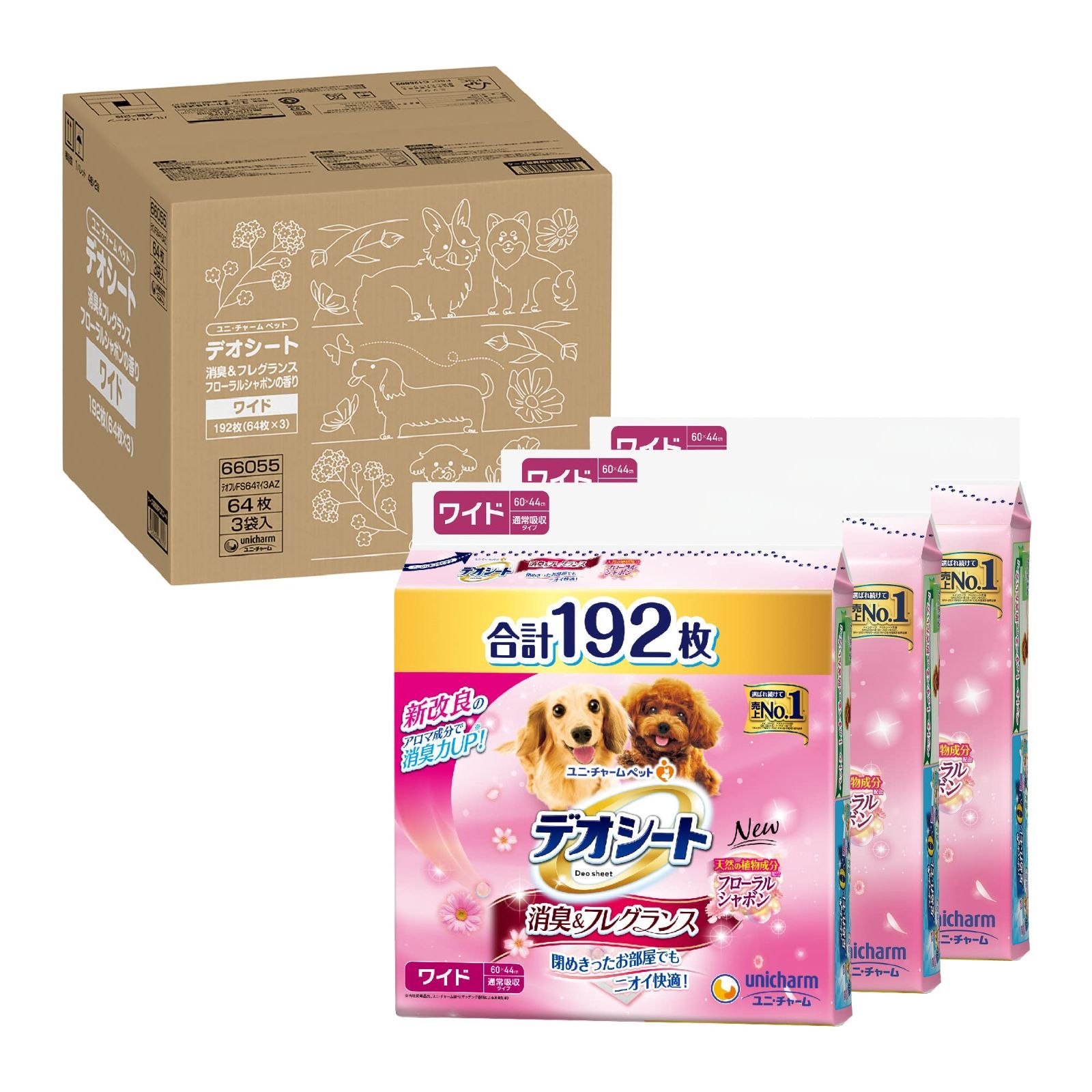 ワイド フローラルシャボンの香り 192枚 64枚×3袋 おしっこ 消臭 フレグランス シート ペット用品 犬用 ユニチャーム デオシート