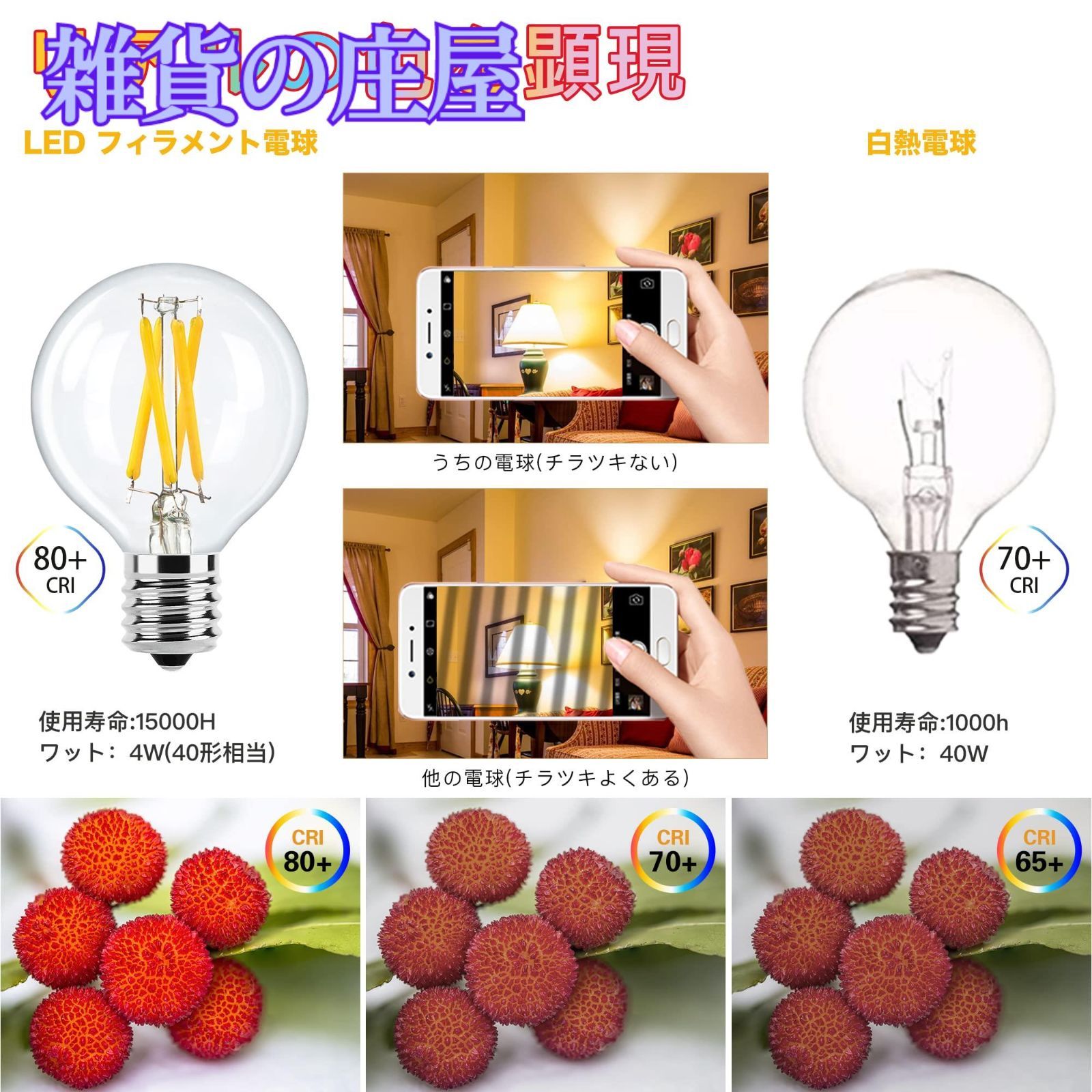 【激安セール】LED電球 E17口金 4W (40W形相当) 電球色 G50 2700K フィラメント電球 シャンデリア用 エジソン電球 クリア電球 6個入 PSE認証済み