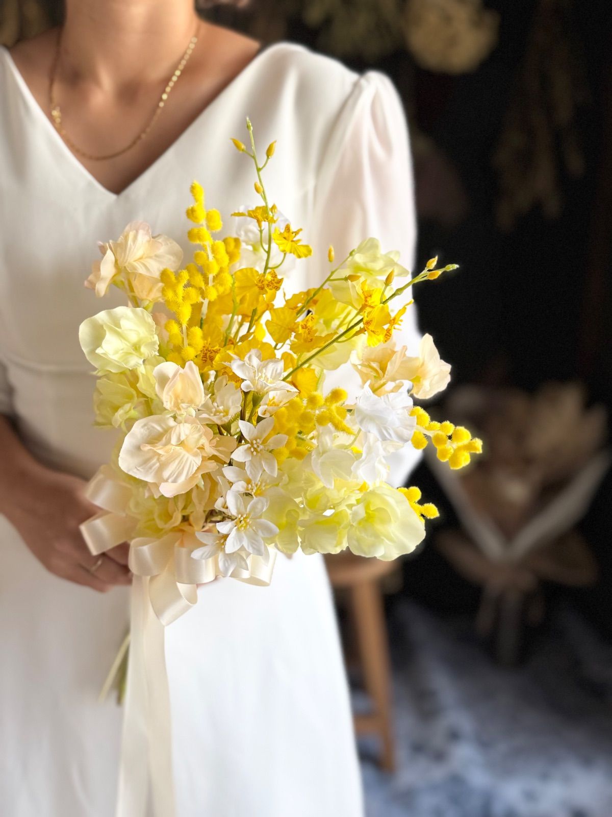 ミモザ×スイートピークラッチブーケ☆ブートニア