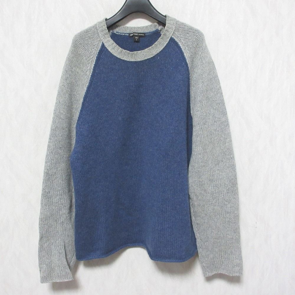良品 JAMES PERSE ジェームスパース カシミヤ100% クルーネック プルオーバー ラグラン ニット セーター 1 グレー×ネイビー メンズ 古着 中古 USED