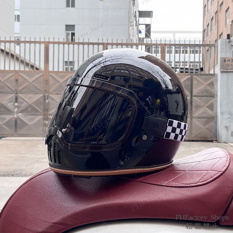 レトロヘルメット クラシック フルフェイスヘルメット ゴーグルが付き バイクヘルメット DOT認定 耐久性 安全性 通気性 男女兼用 ライトブラック A192