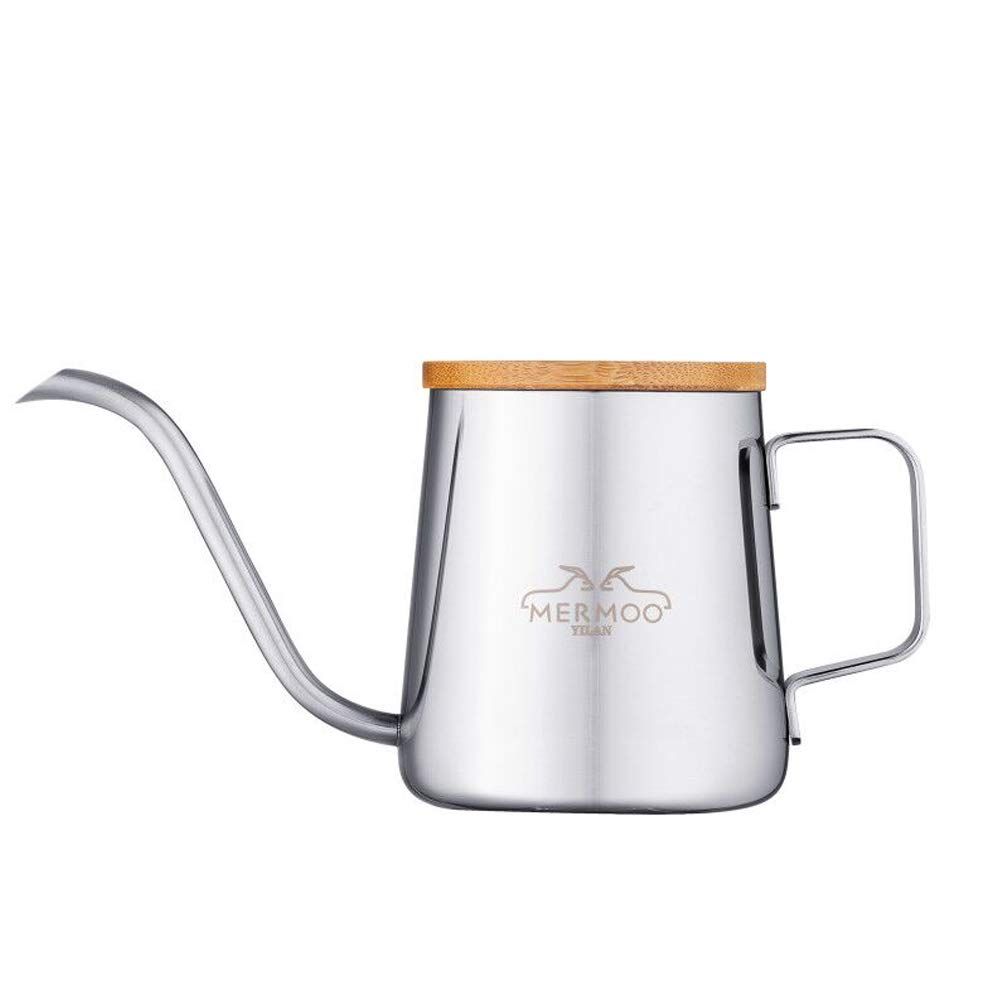 【数量限定】YILAN コーヒーポット 1人 ドリップポット 350ml コーヒー ケトル 細口 MERMOO ステンレス ドリップケトル 1杯 注ぐ コーヒー ドリップポット 竹製の蓋付き (シルバー)