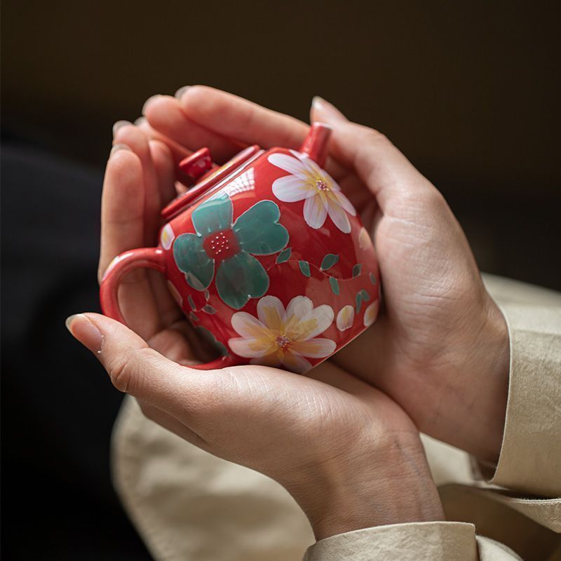 急? 陶器 赤い 手描きの花 中国茶器 陶磁 台湾茶器 中国茶YEDA2666