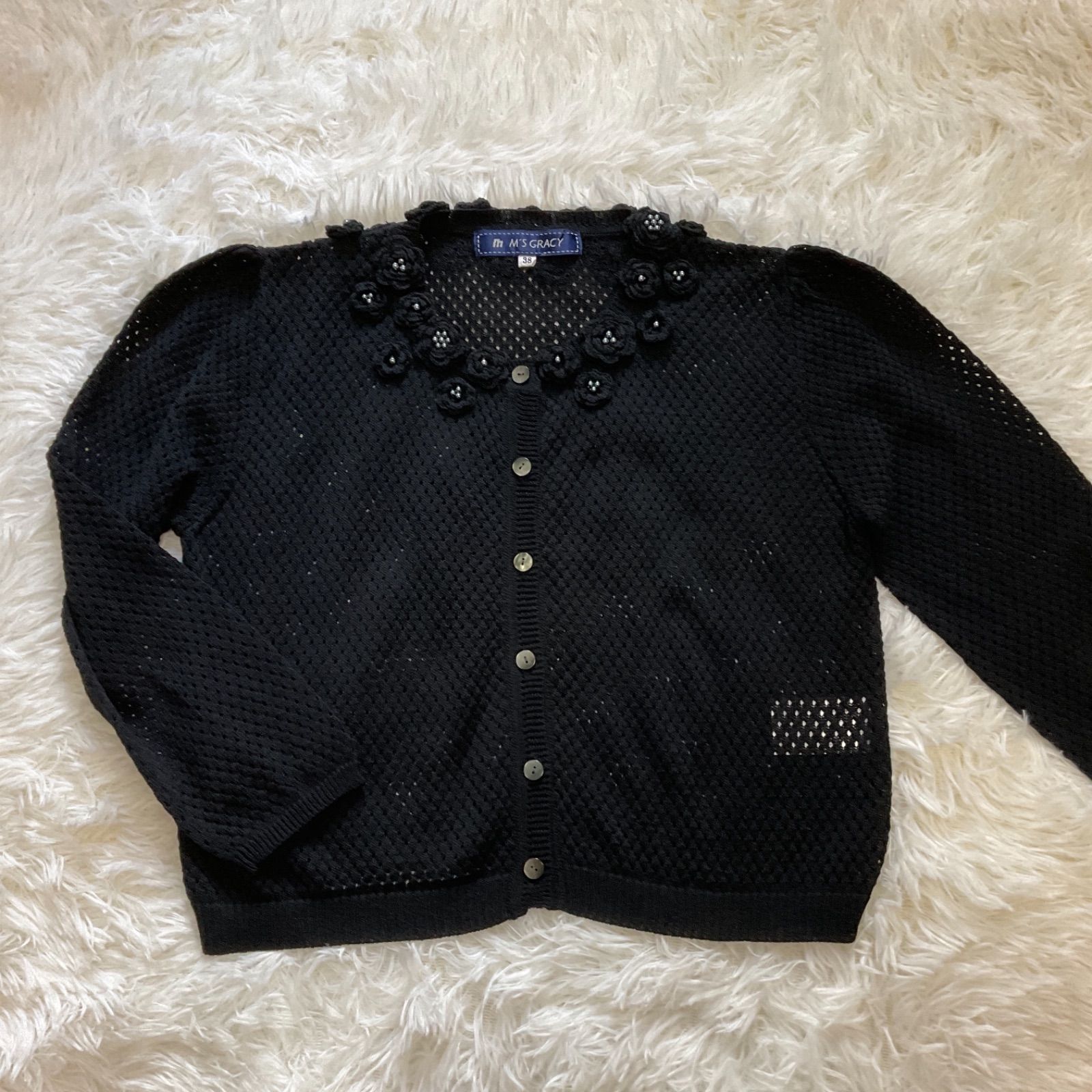 M'SGRACY 花モチーフ [ 38 ] 黒 カーディガン 透かし編み エムズ