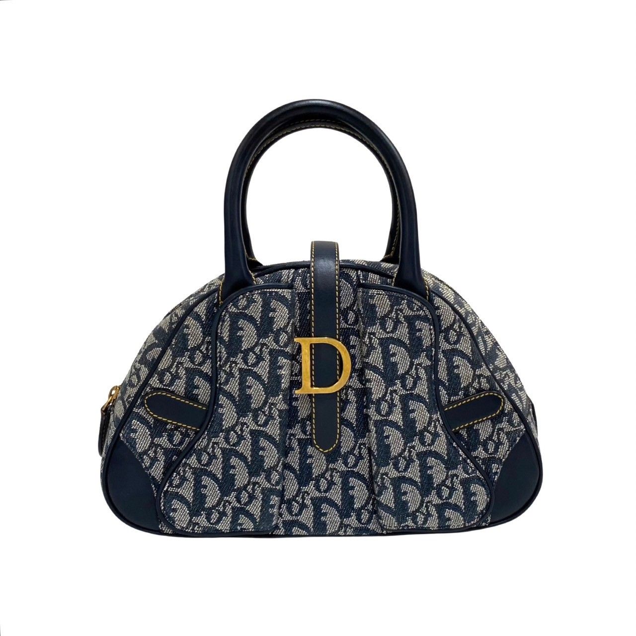 極美品 Christian Dior ディオール ダブルサドル トロッター ロゴ レザー 本革 キャンバス ハンドバッグ ミニ トートバッグ ネイビー 28090