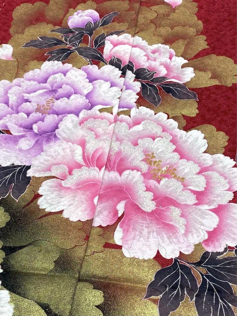振袖 仮絵羽 銀通し ラメ刺繍 金彩 紋意匠 牡丹 正絹 未仕立て品 八掛