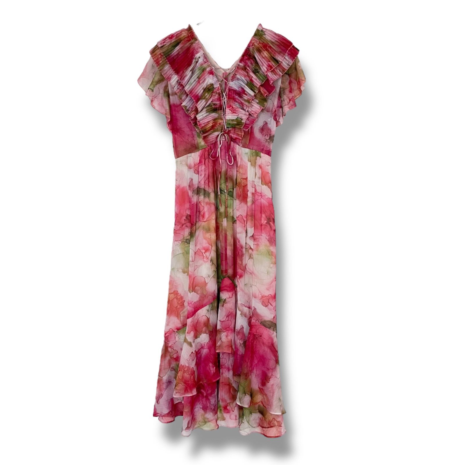 JILL STUART ジルスチュアート ピンク×レッド 花柄ワンピース フリル袖 シフォン素材 ポリエステル 日本製 2 Mサイズ相当 レディース フェミニン 0000488OC