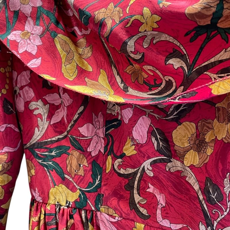 エルメス HERMES 花柄長袖ワンピース レッド シルク レディース  