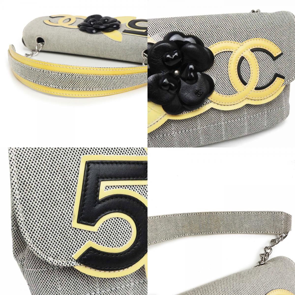 シャネル CHANEL カメリア CCココマーク No.5 チェーン チョコバー ショルダーバッグ キャンバス パテント エナメル ブラック 黒 黄  シルバー金具 A31571（中古）