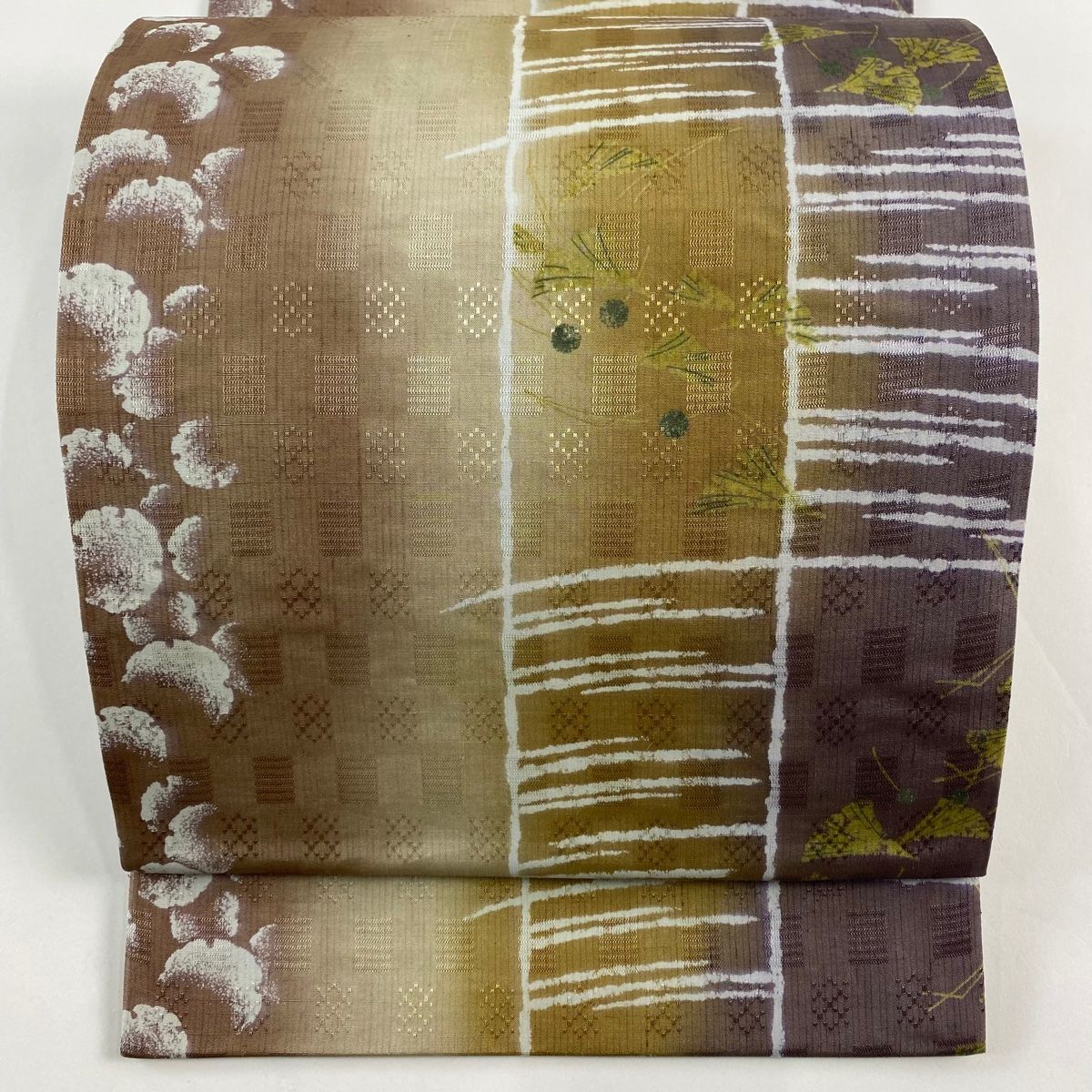 袋帯 秀品 紬地 やまと 雪輪 銀杏 ぼかし 灰茶 全通 正絹