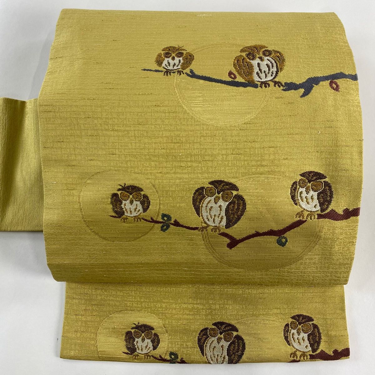 名古屋帯 美品 秀品 ふくろう 金糸 箔 からし色 正絹 【中古