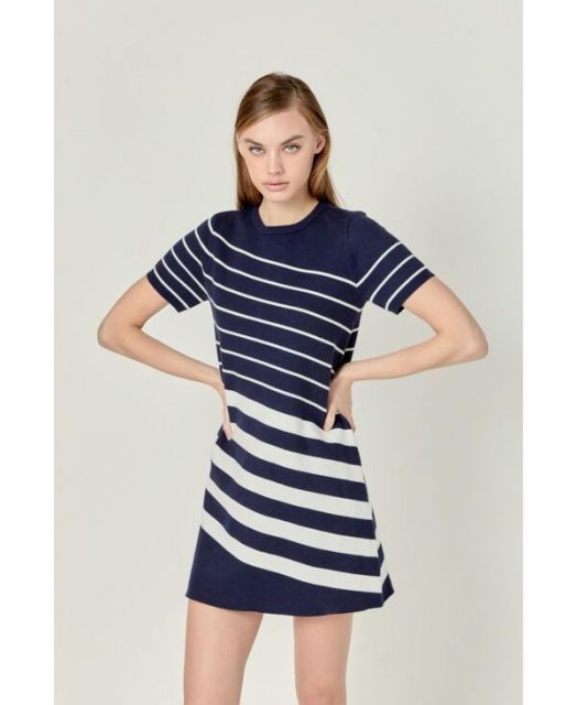 送料無料 イングリッシュファクトリー レディース ワンピース トップス Women s Multi Stripe Mini Dress Navy|cream