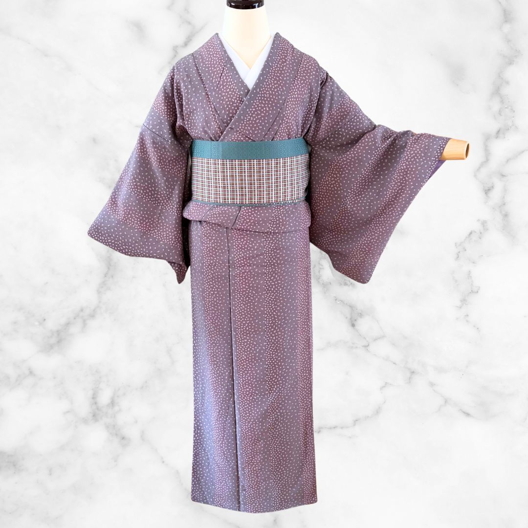 美品 さんび 洗える着物 小紋 袷 身丈160 裄63.5 小花柄 広衿 洗濯済 