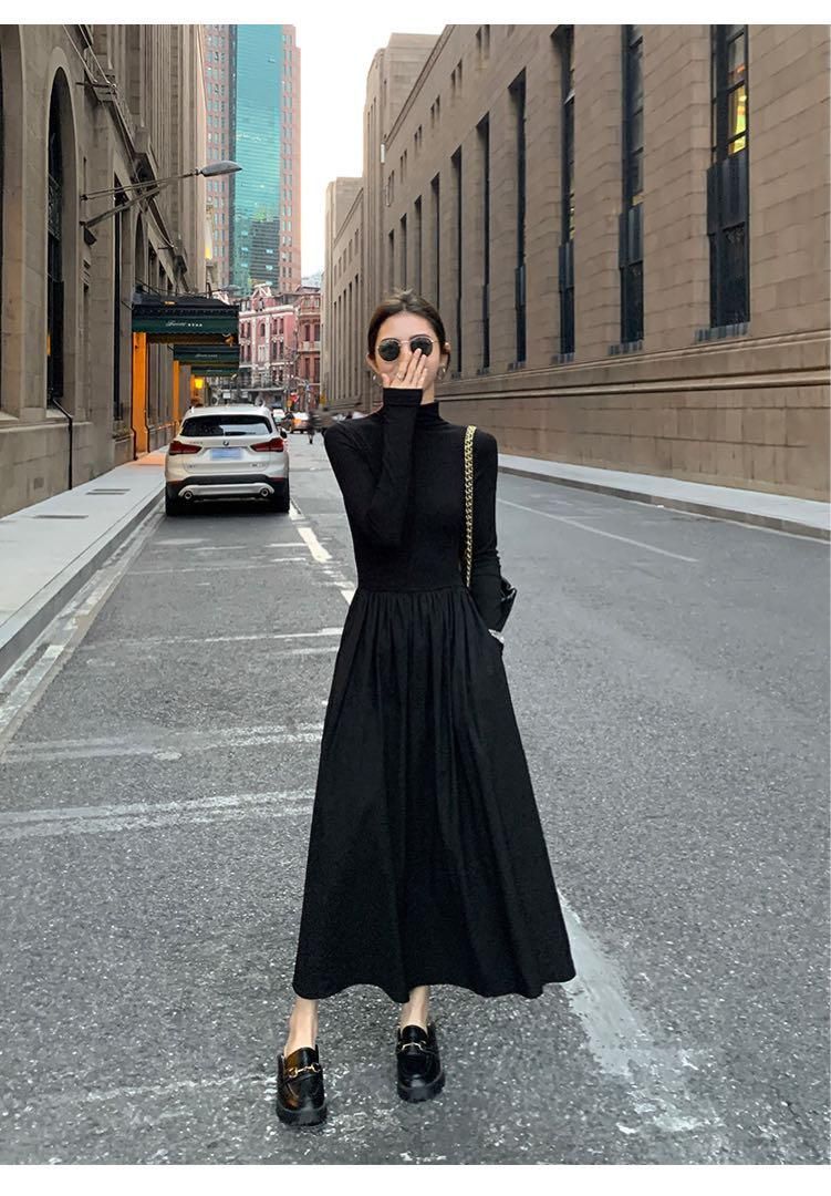 大人 春のハイネックニットロングワンピースデートにも最適