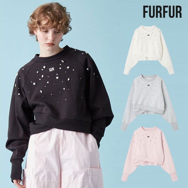 10 OFF ファーファー FURFUR トップス 25秋冬 ビジュー付きロゴ刺繍スウェット 長袖 ミドル丈 rwct254080