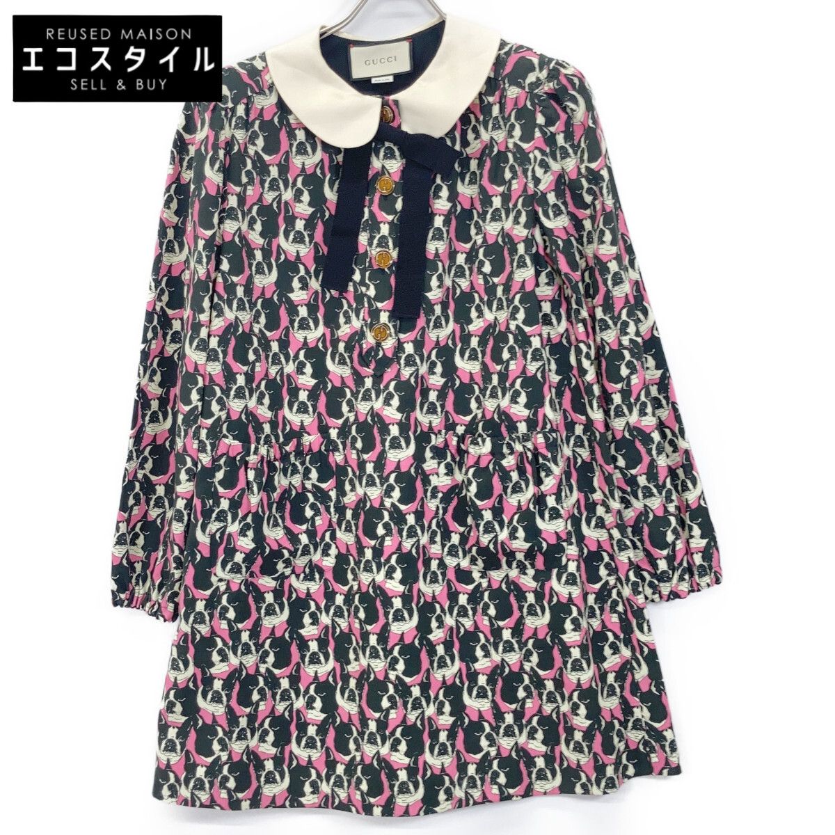 GUCCI グッチ 516826 18年 ﾌﾞﾗｯｸ×ﾋﾟﾝｸ ｼﾙｸ ﾌﾞﾙﾄﾞｯｸ 犬柄 ﾋﾟｰﾀｰﾊﾟﾝｶﾗｰ総柄ﾜﾝﾋﾟｰｽ 38