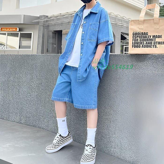 小学生 男の子 セットアップ デニム シャツ パンツ ストリート 春夏 ジュニア スーツ 子供服 キッズ 子ども 2点セット ヒップホップ 通学 ダンス 韓国 vii3v554619