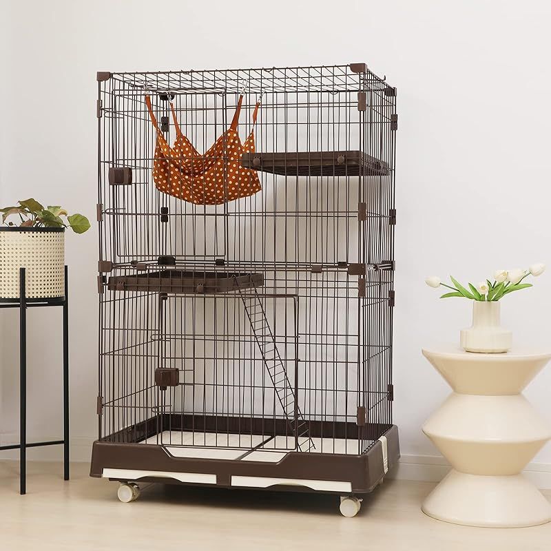 PETTOM 猫 ケージ キャットケージ ケージ 幅82cm 2|3段 ペット 猫 キャットゲージ キャット タワー 収納 キャスター 付 脱走防止扉 頑丈 檻 ねこ ネコケージ コンパクト ハンモック 多頭飼い 0