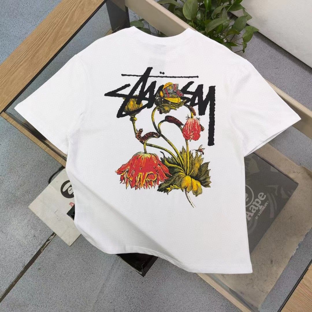Stussy 春夏ファッショナブル スプリングローズ柄 レタープリント カジュアル カップル ゆったり 半袖 Tシャツ