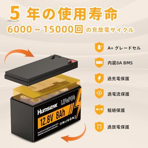 夏のセール！ HumsiENK 12V 8Ah LiFePO4リン酸鉄リチウムイオンバッテリー 4000サイクル 長寿命 8A BMSシステム搭載 車中泊 キャンプ 釣り用 3個セット mp