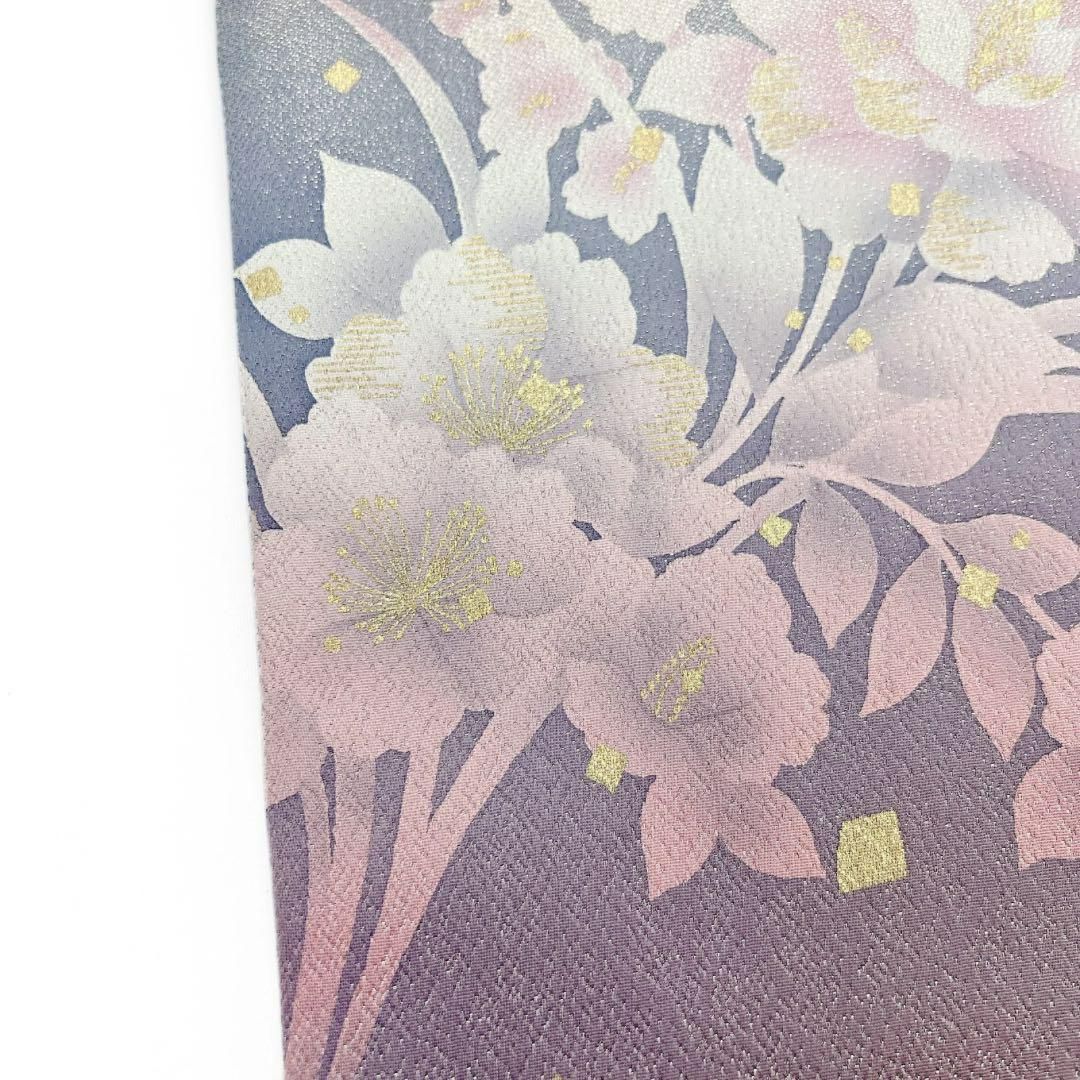 袋帯　牡丹　芙蓉　桜　銀通し　色紙散らし　金彩　パープル　着物　092w d 袋帯 牡丹 芙蓉 桜 銀通し 色紙散らし 金彩 パープル 着物 092w
