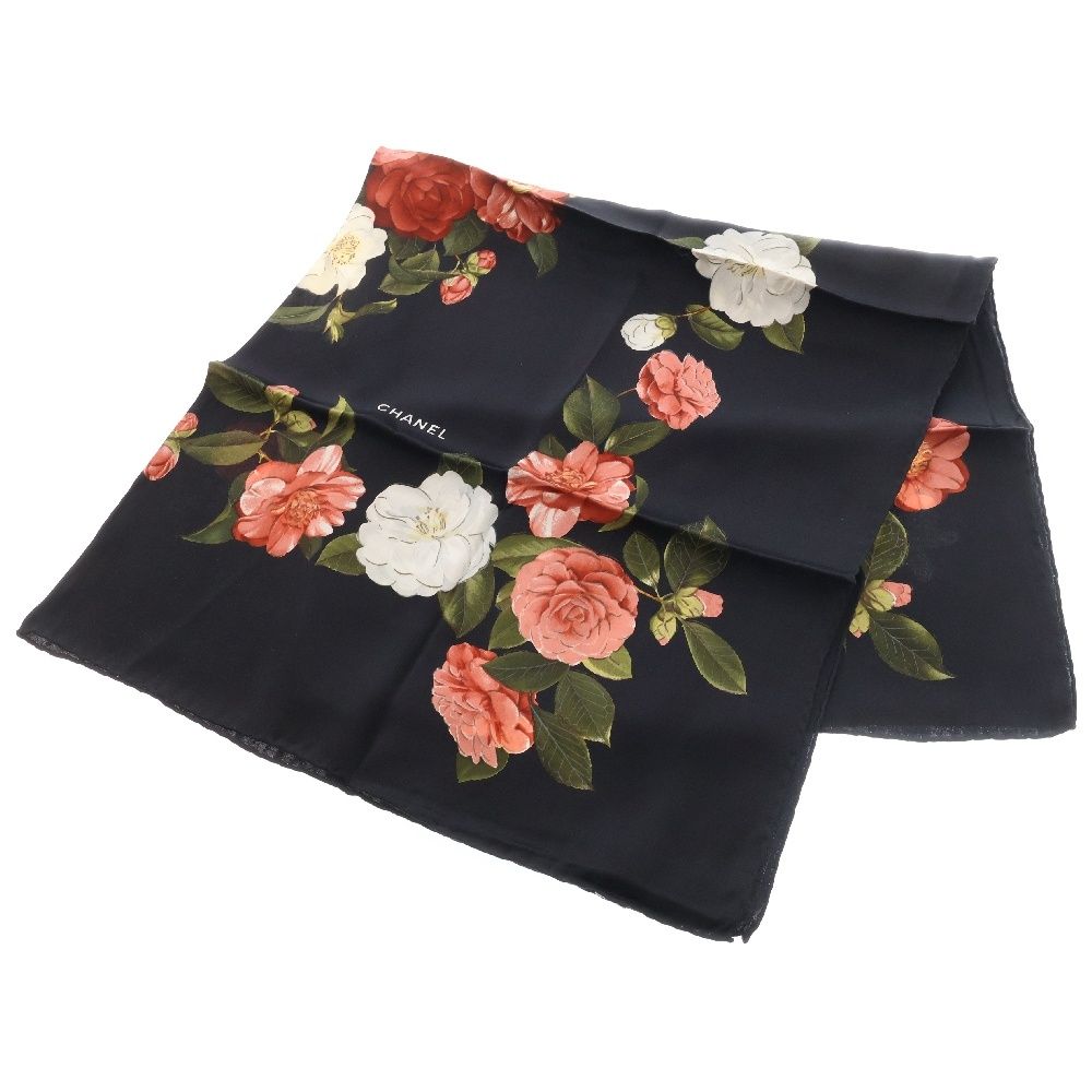 CHANEL シャネル スカーフ カメリア 花柄モチーフ ブラックシルクアクセサリー