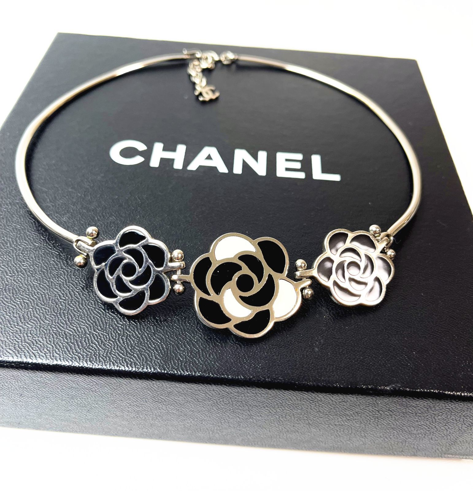 激レア超美品◆本物◆CHANELシャネルヴィンテージVintageカメリアCamellia三連花ChokerチョーカーCOCOチェーンロングネックレスNecklace