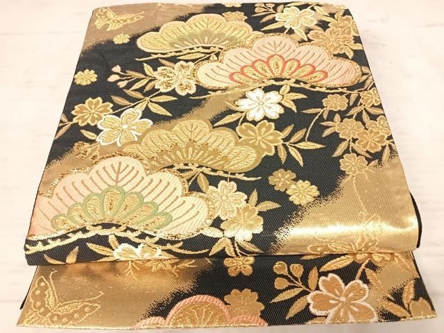 平和屋着物◎六通柄袋帯 花蝶文 黒地 金糸 正絹 逸品 AAAX3085yx