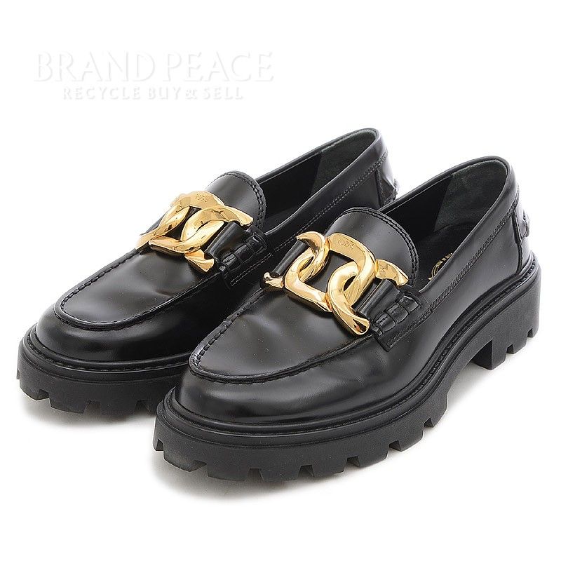 トッズ ケイト　ローファー 厚底　ブラック 37 レザー　ロゴ　ゴールド　金具 トッズ ケイト ローファー 厚底 ブラック 37 レザー ロゴ ゴールド