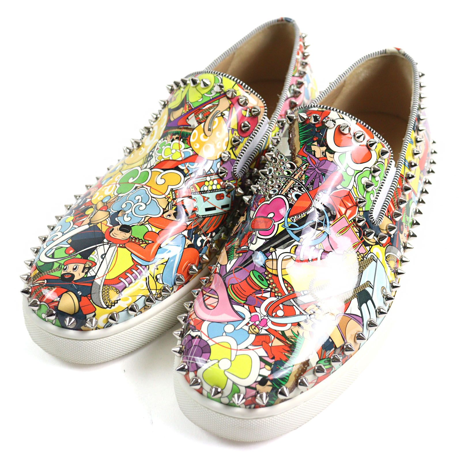 ○Christian Louboutin クリスチャンルブタン Pik Boat Flat ピックボートフラット スパイクスタッズ付き エナメル スニーカー スリッポン マルチ 総柄 41.5 イタリア製 メンズ
