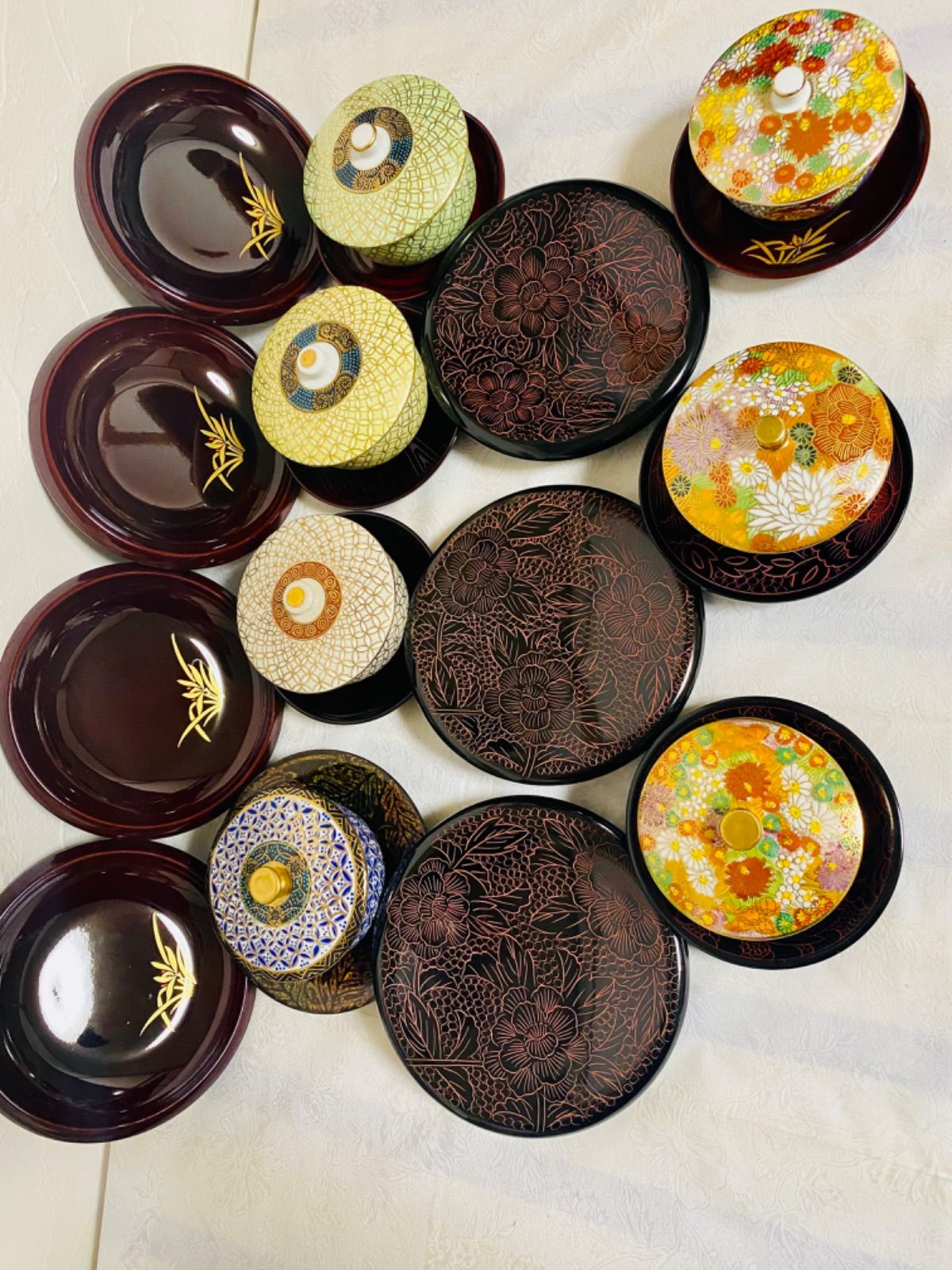 九谷焼 九谷焼 花詰 金花金粒 茶器 銘々皿 茶托 湯呑み 7脚 A-1