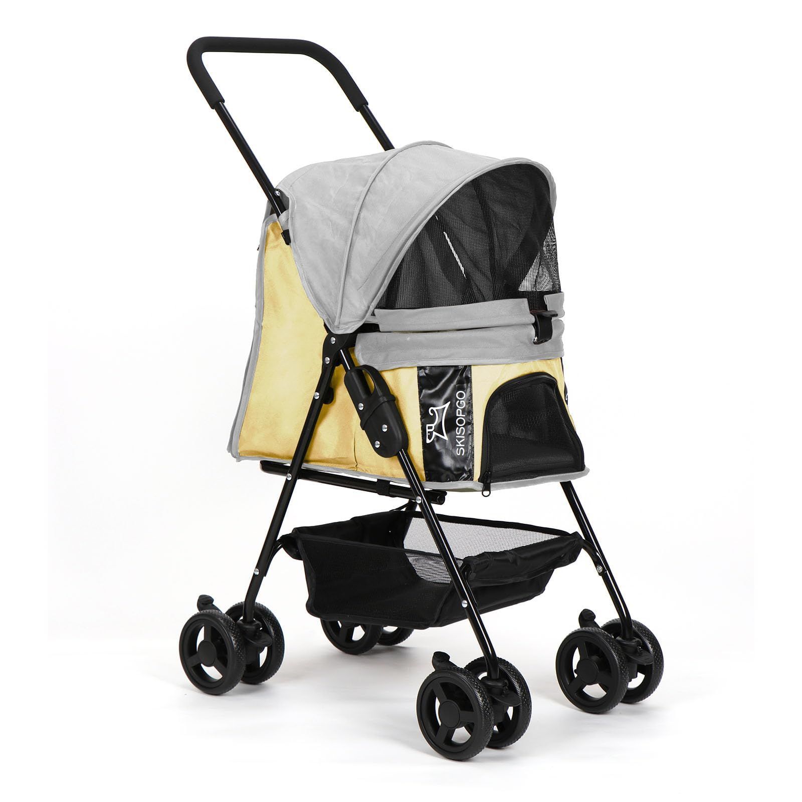 犬用ベビーカー 折りたたみ 小型犬 キャリーカート 組み立て簡単 猫カート バギー ペットカート 飛び出し防止 EVA車輪 4輪360°回転 ブレーキ付き SKISOPGO 軽量 おでかけ 散歩 イエロー