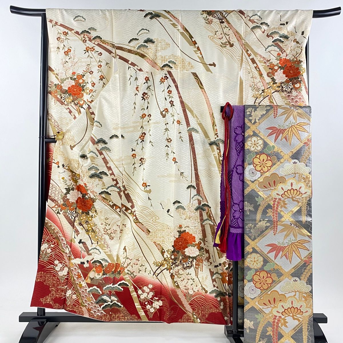 振袖 身丈160.5cm 裄丈66.5cm M 袷 袋帯フルセット やまと 花車 鶴 金彩 染め分け クリーム 正絹 美品 秀品 【】