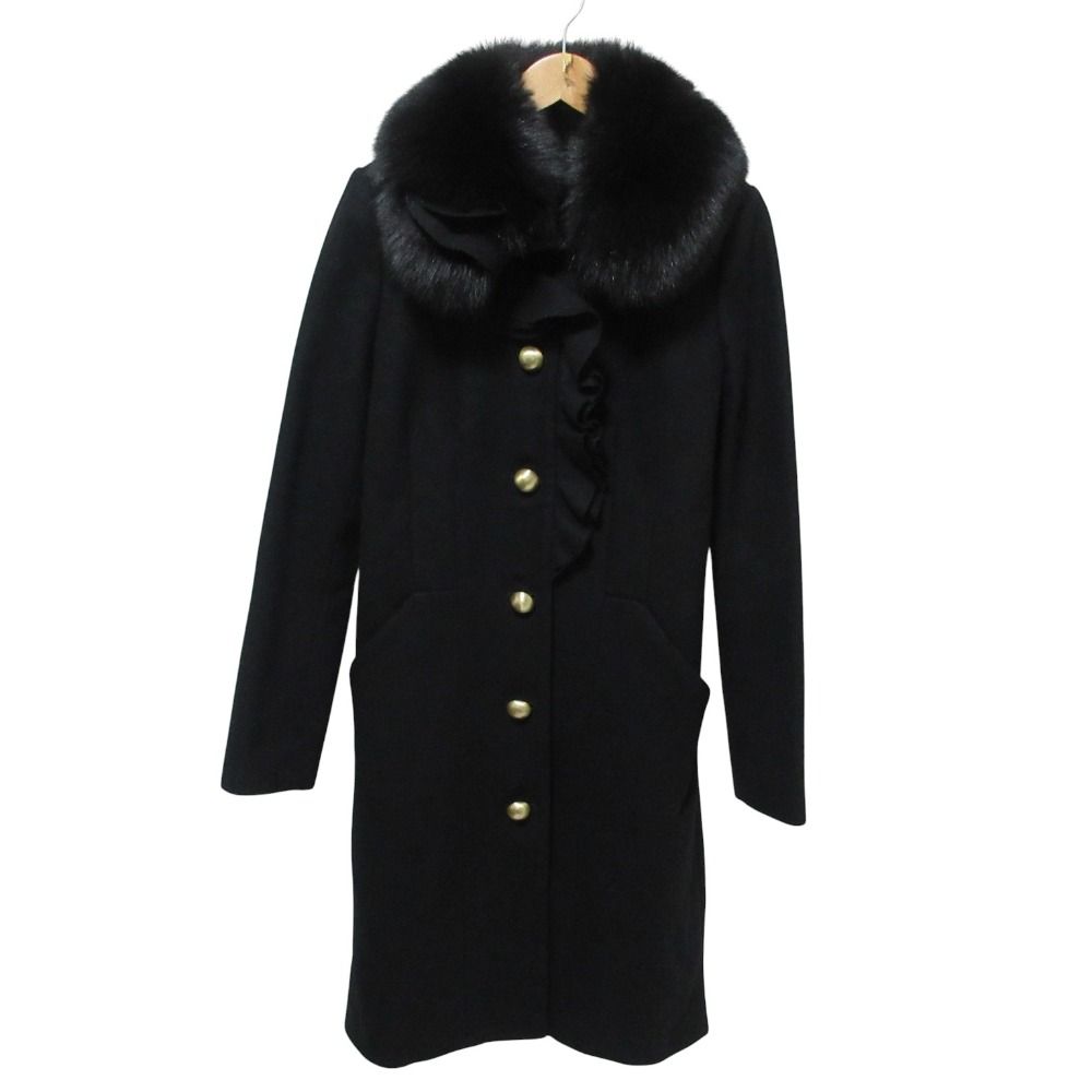 美品 Blumarine ブルマリン フォックスファー フリルロングコート サイズ40 ブラック レディース 古着  USED
