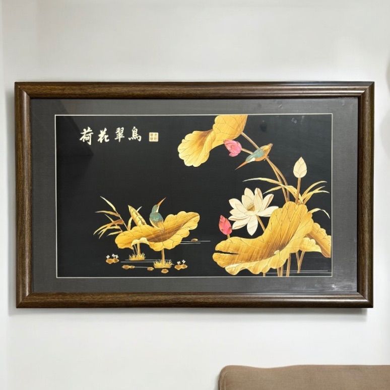 中国現地買入 おしどり 切り絵 貼り絵 中国 鴛鴦 蓮 風景 額 版画 アート イラスト 美術品 中国雑貨 コレクション 骨董品 アンティーク