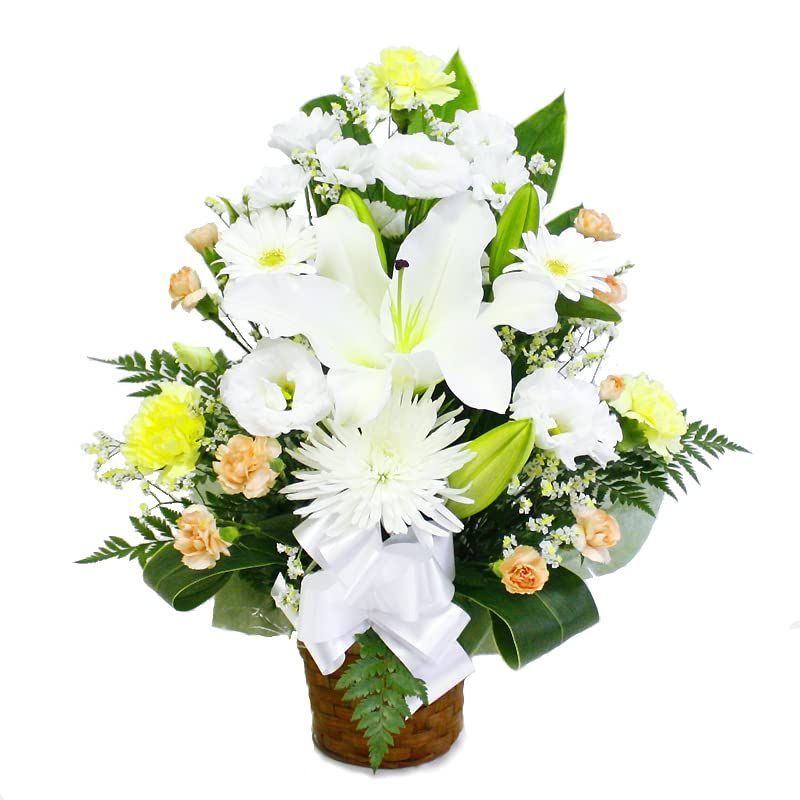 四十九日 命日 法要 弔花 御供 弔事 お花 トール 生花 アレンジメント 花 白＆黄 オレンジ系 お供え フラワーファーム