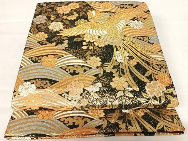 ブラウン 花柄 袋帯 絹製 平和屋着物▽六通柄袋帯 唐織 枝垂れ桜 金銀糸 引箔 正絹 逸品